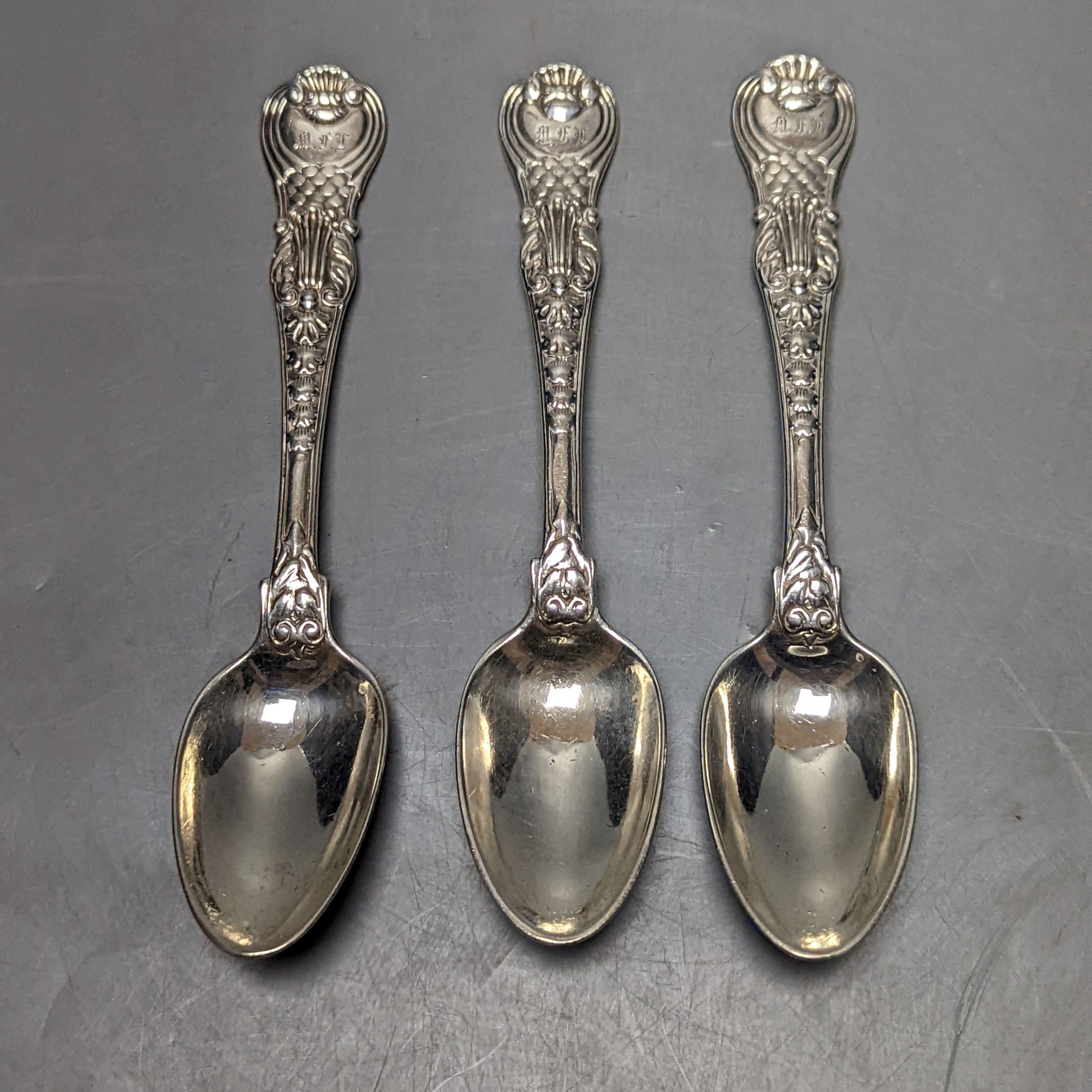 A set of three George III silver Coburg pattern teaspoons, by Paul Storr, London, 1818, 14.3cm, 117 grams.